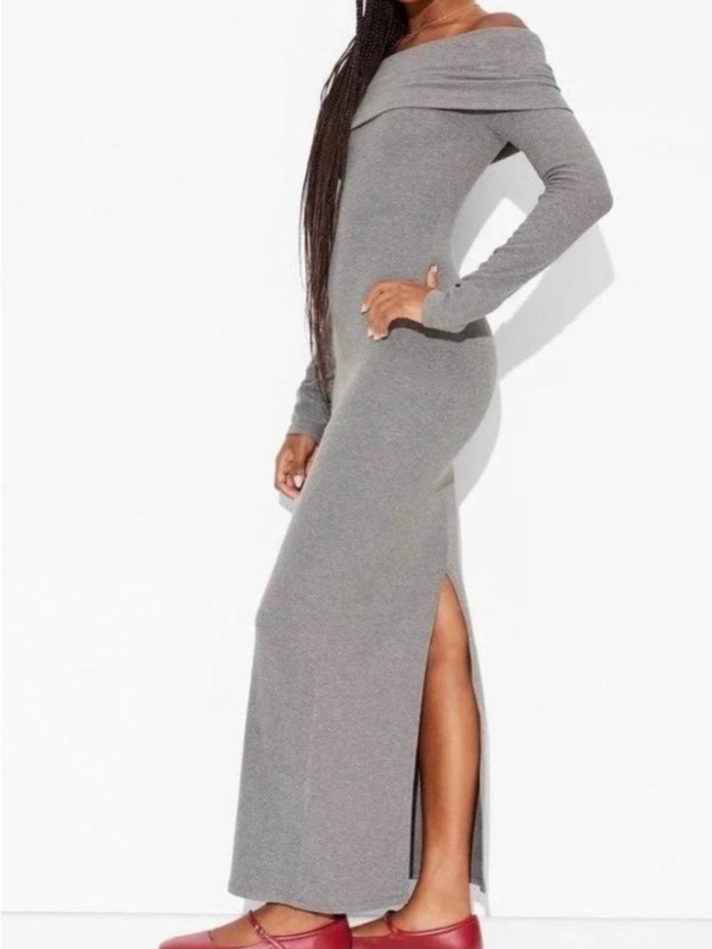Wild Fabel Cowel Neck Off-Shoulder Long Sleeve Maxi Dress W/Side Slit (Size S)